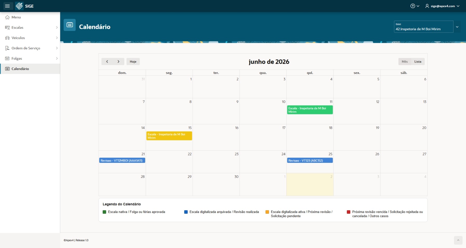 Calendário operacional no SIGE