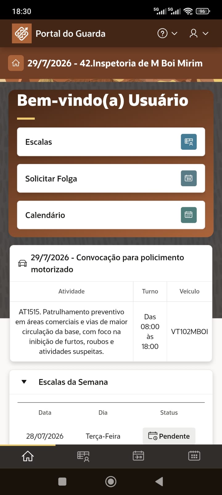 Tela mobile do Portal do Guarda